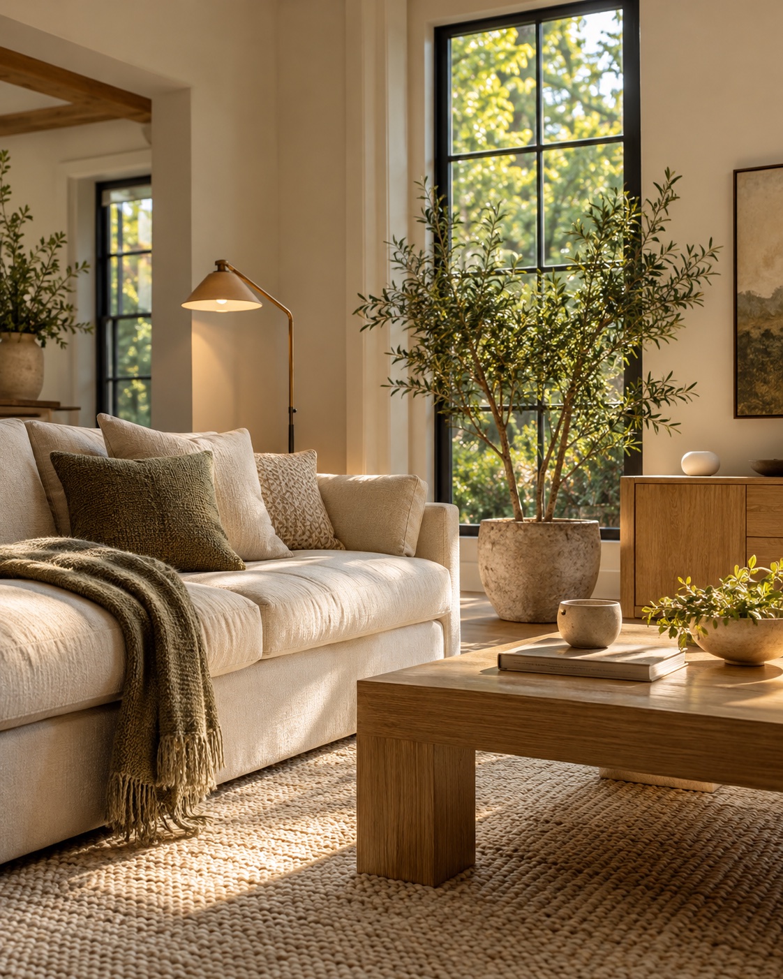 A calm, sunlit living room with a linen sofa, warm wood furniture, and leafy views