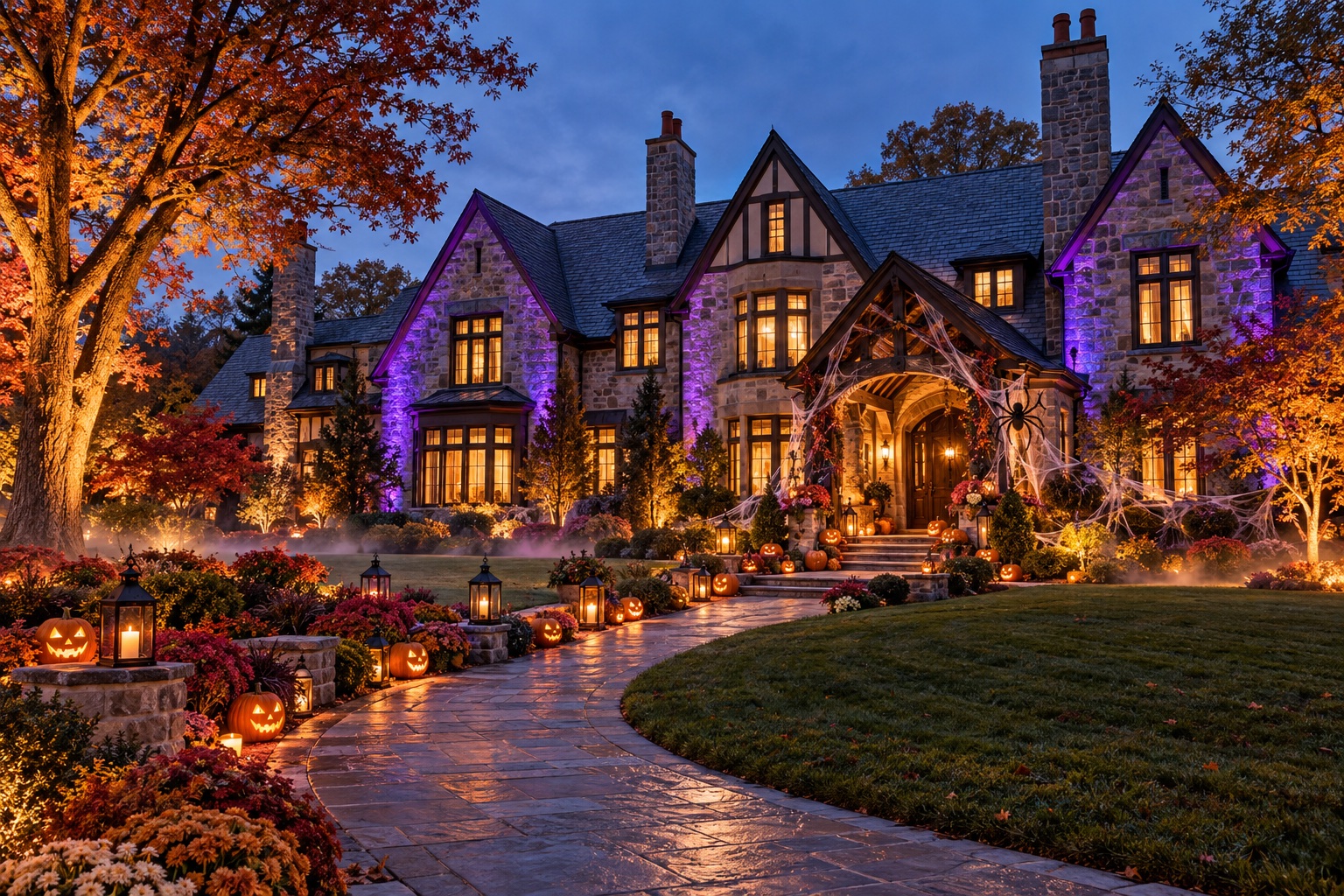 Lighting concept: a grand Tudor estate with violet architectural lighting, amber autumn trees, and an elaborate pumpkin-lined Halloween walkway