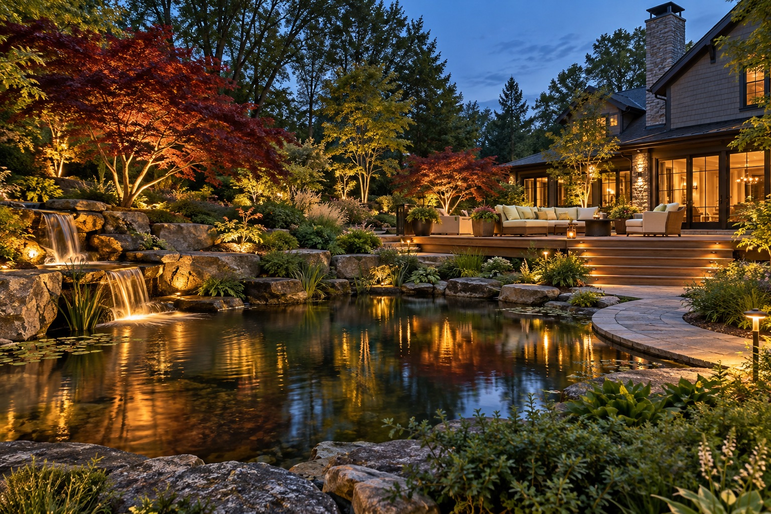 Lighting concept: a spacious landscaped garden with a tranquil pond, stone waterfall, and a cedar deck with warm integrated lighting