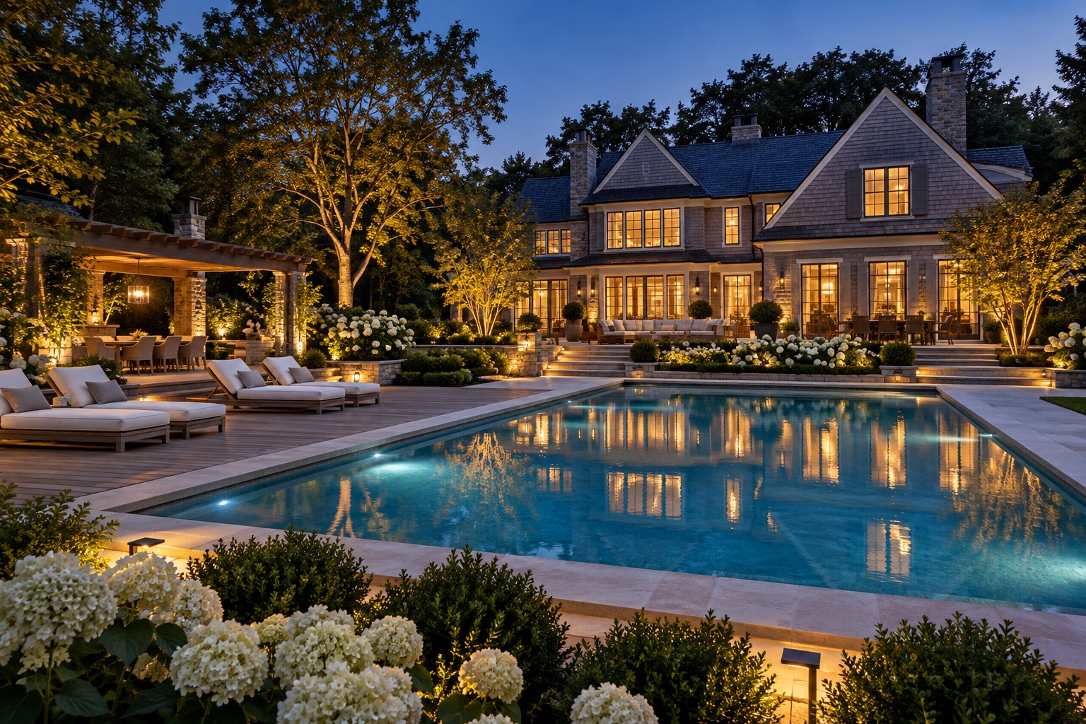 Lighting concept: an expansive estate backyard with an illuminated swimming pool, limestone terrace, and elegant outdoor seating at dusk